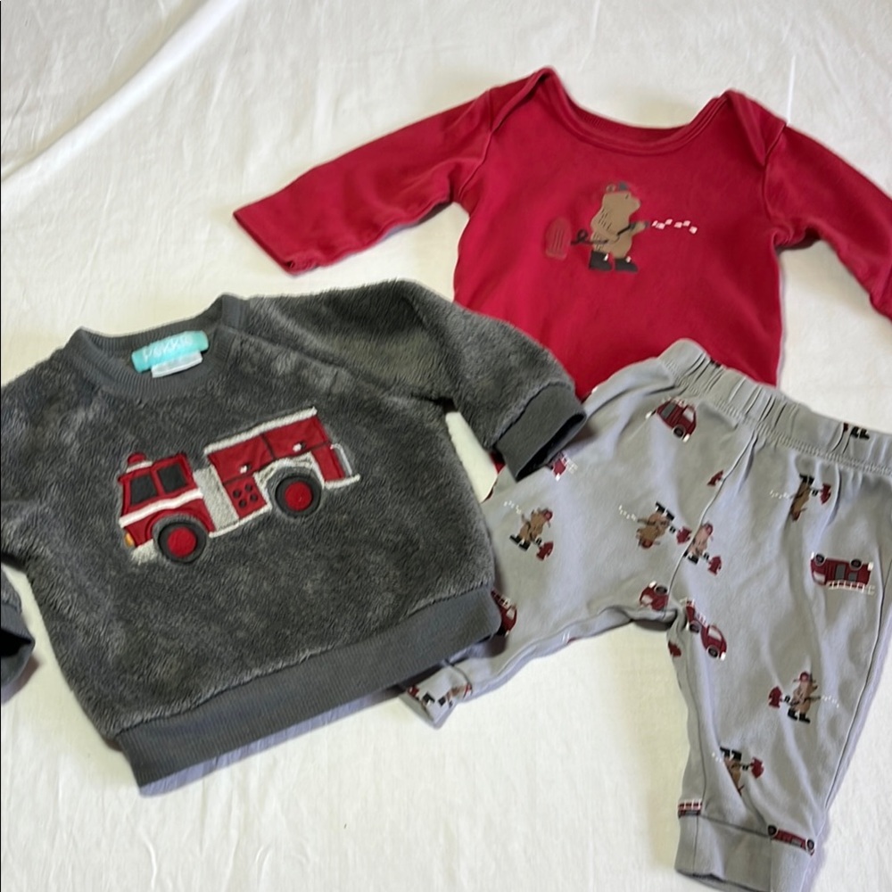 3M Pekkle Fire Truck/firefighter onesie, pants and sweatshirt 3 piece set